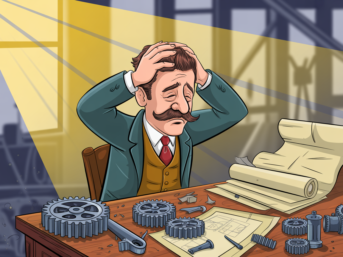 Frustrated factory owner holding head with broken gears and system documents on desk showing manufacturing system failures