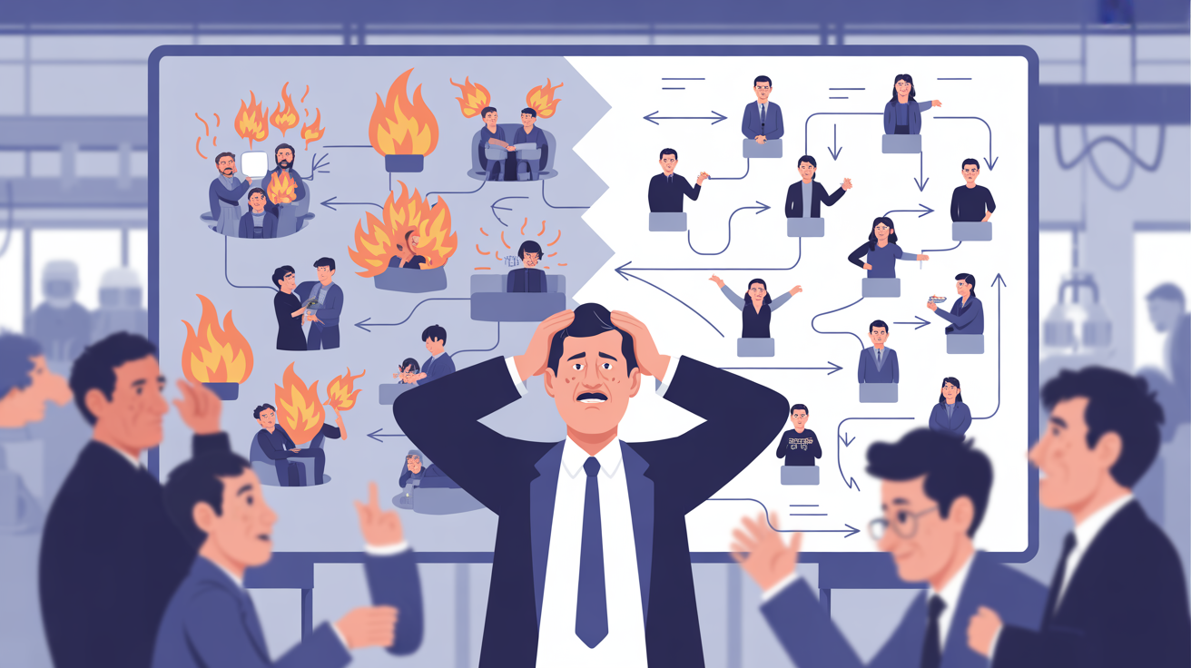 Confused MSME owner comparing chaotic firefighting team vs organized system workflow.