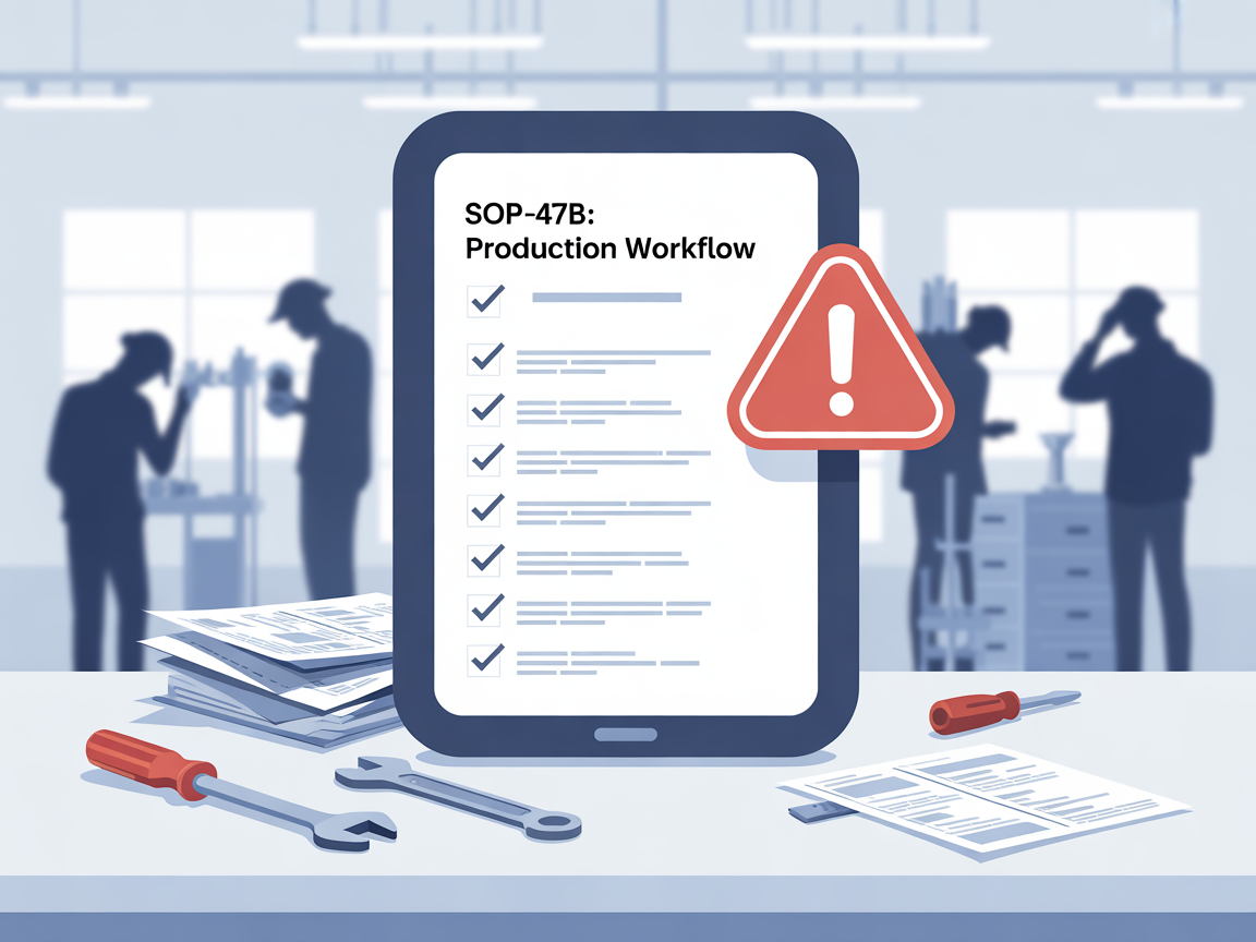 A digital SOP checklist with a warning icon, set on a factory desk with confused workers in the background representing MSME system failure.