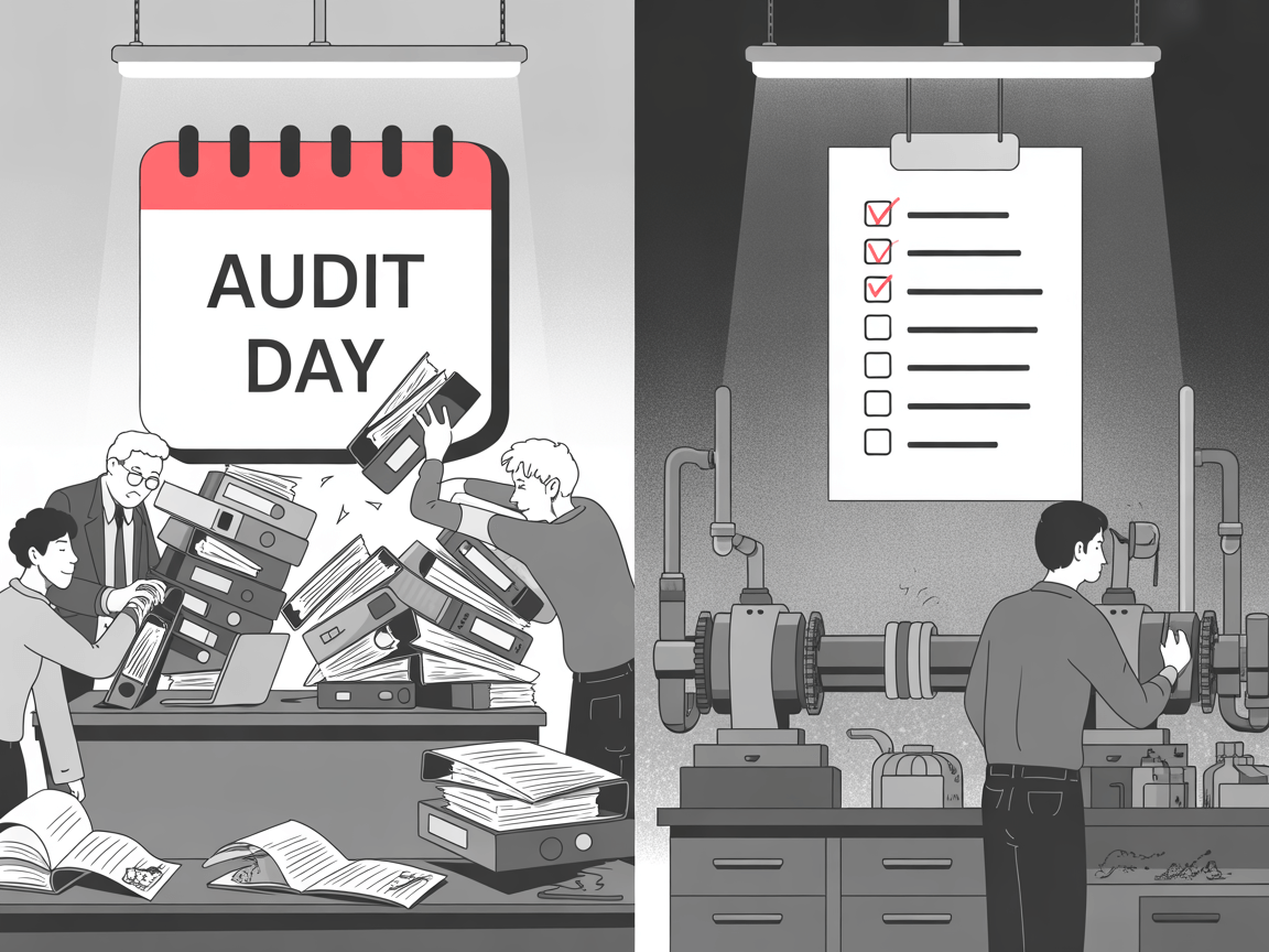 ISO audit survival vs real quality — one side shows employees panicking with piles of binders on “Audit Day,” the other side shows a calm factory worker following a checklist.