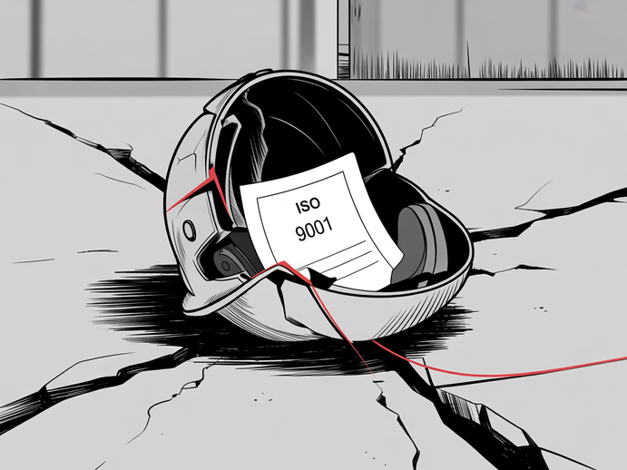 Cracked helmet with an ISO 9001 certificate inside, symbolizing the false safety and hidden costs of certificate-only ISO consulting for MSMEs.