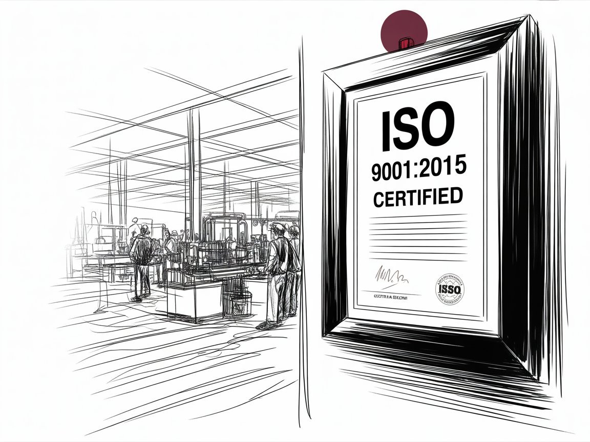 Framed ISO certificate on office wall with chaotic factory floor in background, black and white minimalist illustration with muted red accent.