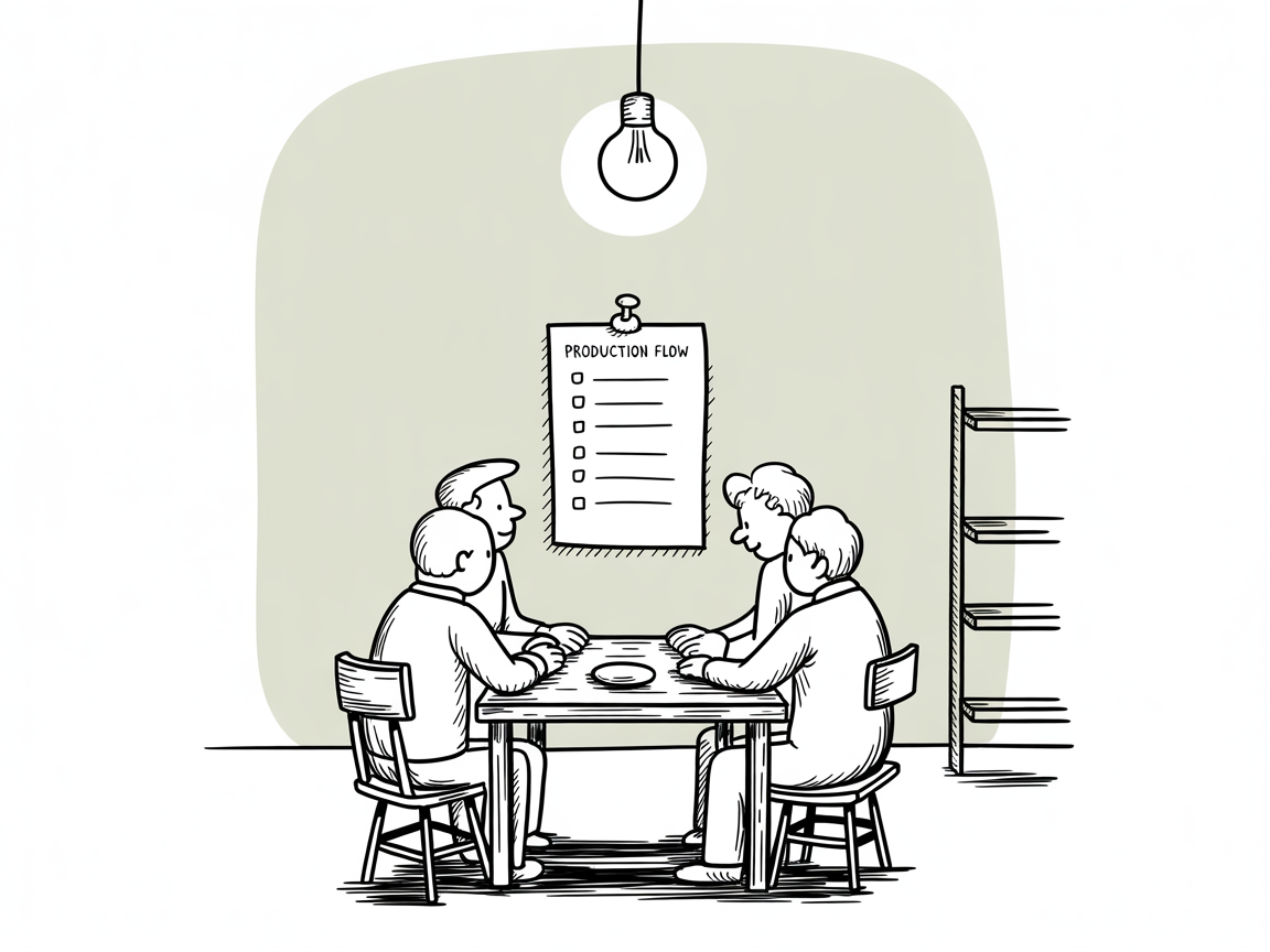 MSME team reviewing a visible process checklist in a factory workspace