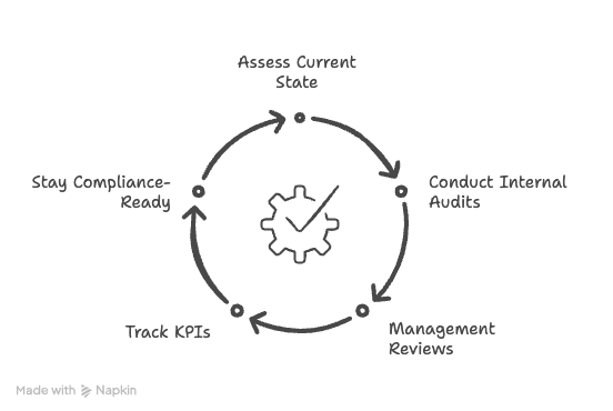 Line-art diagram showing the System Care approach for MSMEs: assess current state, conduct internal audits, run management reviews, track KPIs, and stay compliance-ready.