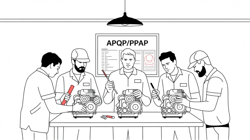 Line-art illustration of MSME automotive workers assembling parts with APQP and PPAP documentation, representing IATF 16949 benefits of zero defects, customer trust, and smoother launches.