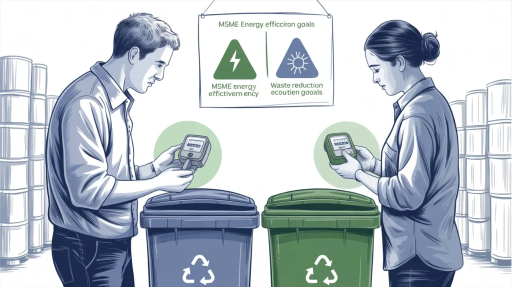 Hand-drawn illustration of MSME workers monitoring energy meters and waste bins under ISO 14001 environmental management system.