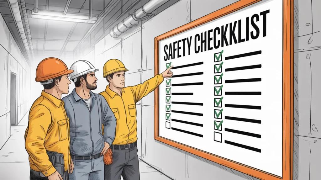Hand-drawn illustration of MSME workers in helmets reviewing a completed safety checklist, representing ISO 45001 benefits of safer workplaces and compliance.