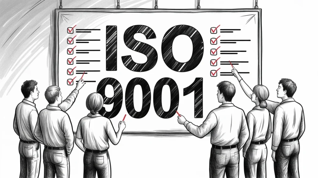 Hand-drawn sketch of an ISO 9001 binder with checklist, customer trust badge, and process flow icons.