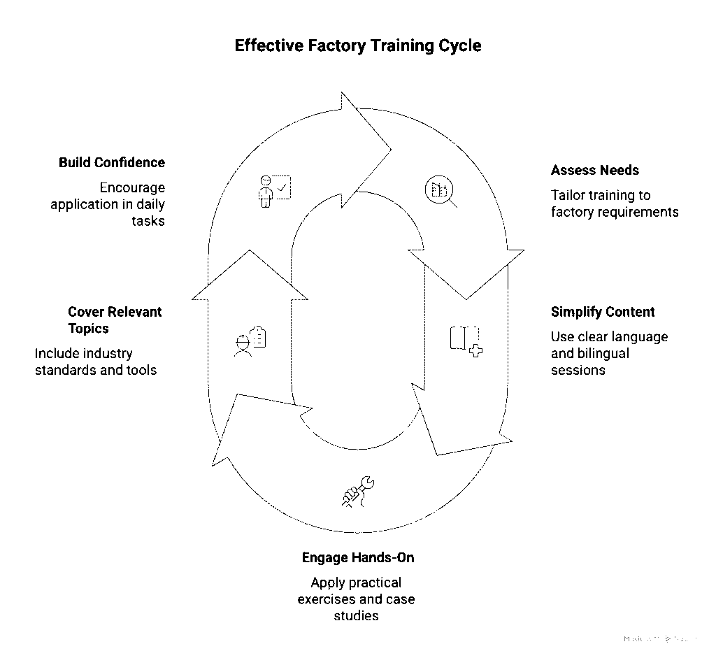 Hand-drawn illustration of MSME training approach showing facilitator guiding a team with arrows, steps, and checkmarks on a board.