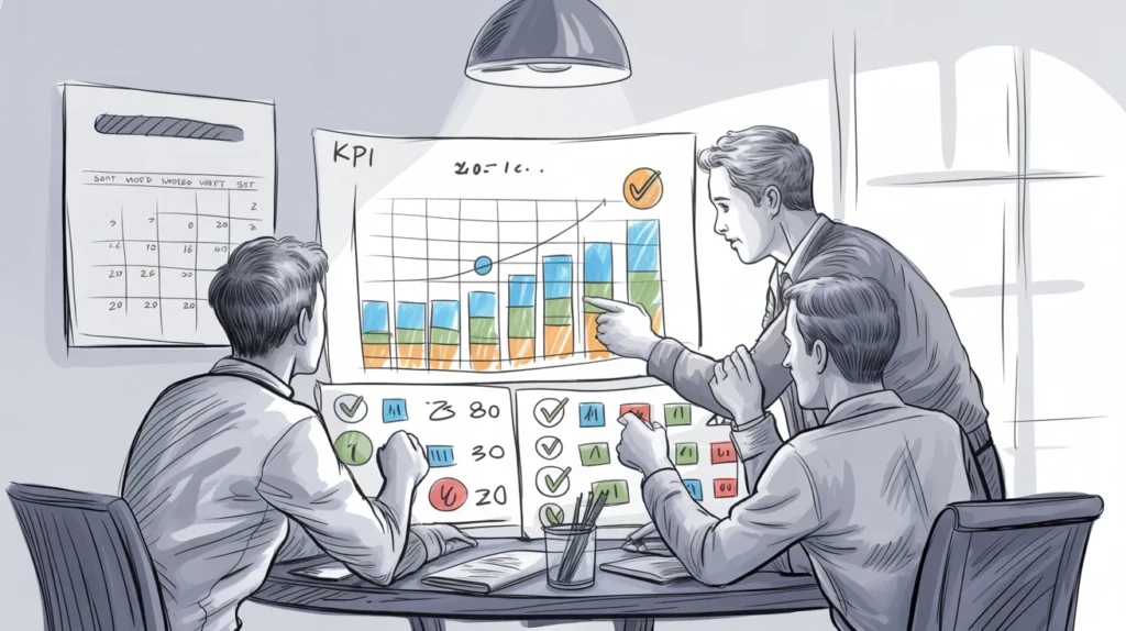 Hand-drawn illustration of MSME managers reviewing KPI charts and progress dashboards, representing the benefits of System Care in sustaining ISO/IATF systems.