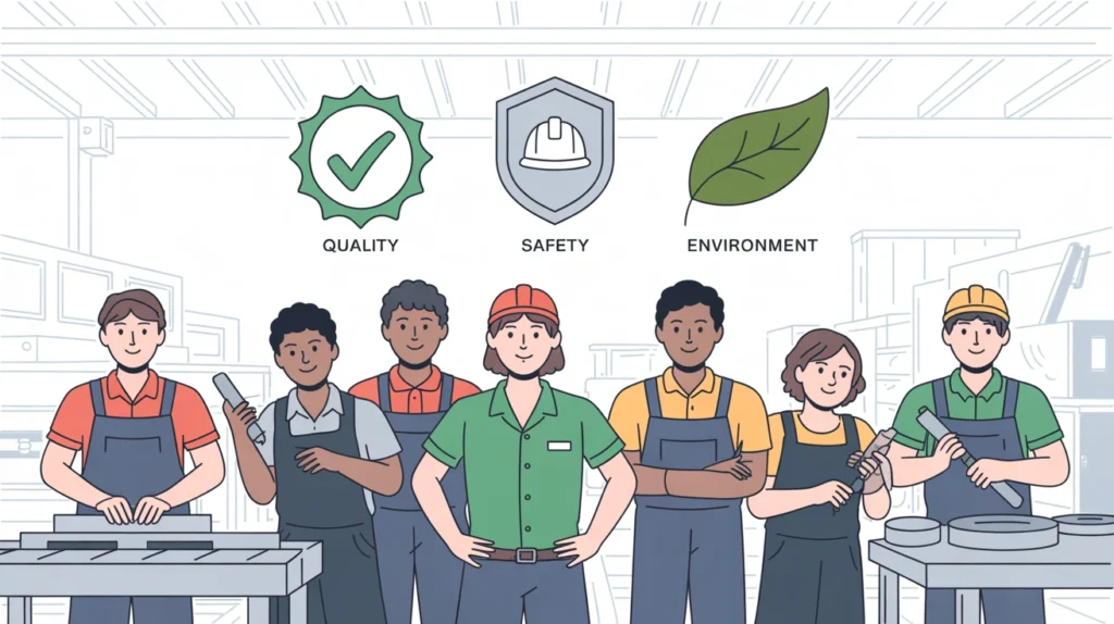 Hand-drawn illustration of MSME workers standing together under quality, safety, and environment icons, representing the benefits of system co-creation.