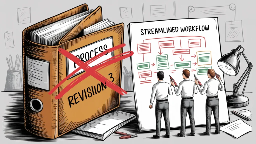 Hand-drawn illustration of MSME team replacing outdated ISO paperwork with a streamlined workflow, representing the benefits of system revival.