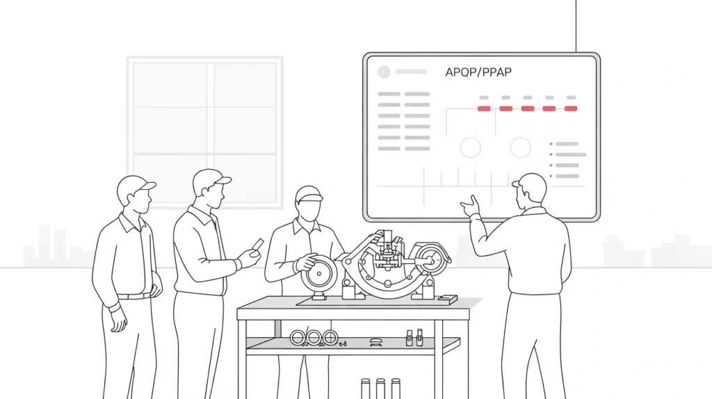 Line-art illustration of MSME automotive team reviewing APQP and PPAP charts while inspecting auto parts under IATF 16949 quality management system.