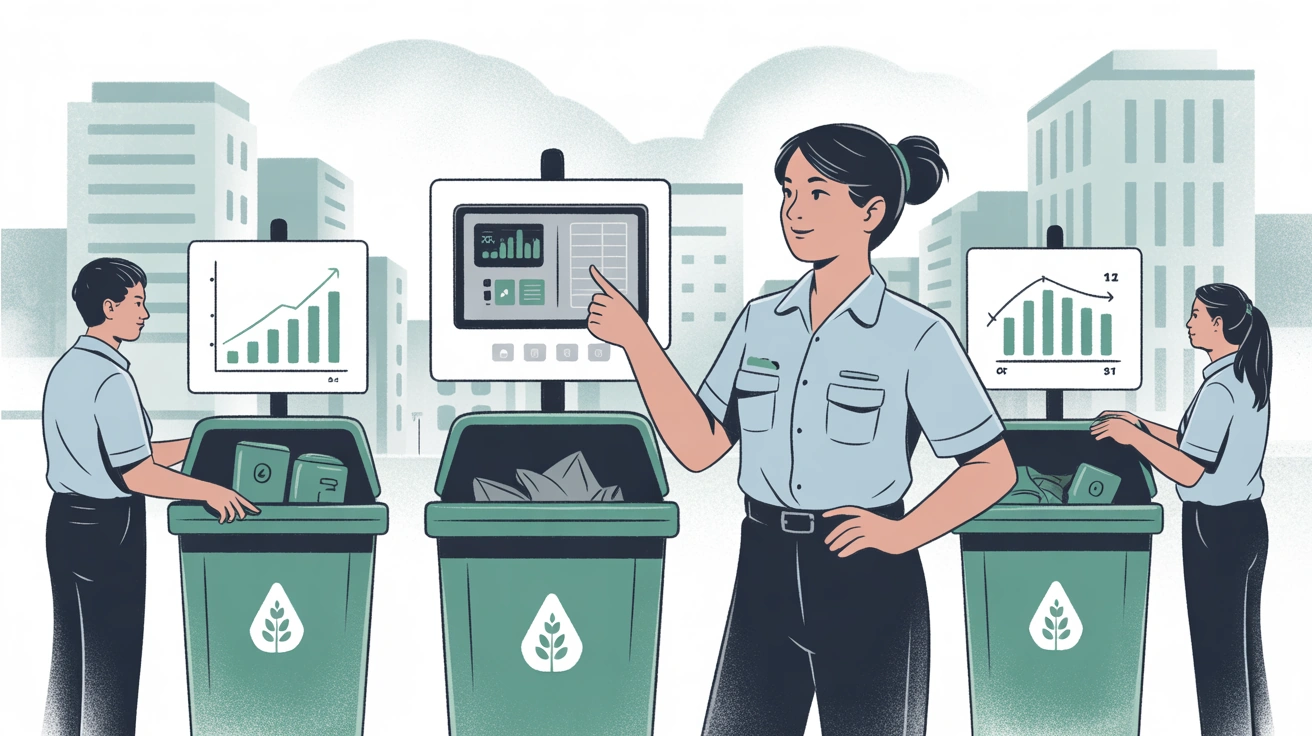 Hand-drawn illustration of MSME workers monitoring waste segregation and sustainability dashboards under ISO 14001 environmental management system.