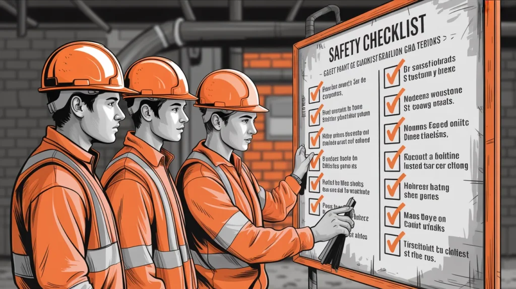 Hand-drawn illustration of MSME workers in helmets reviewing a safety checklist under ISO 45001 occupational health and safety system.