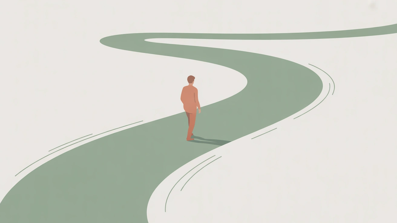 Minimalist illustration of a person walking on a winding path that loops backward before continuing forward, symbolizing rediscovery of fundamentals in industrial engineering and management systems.